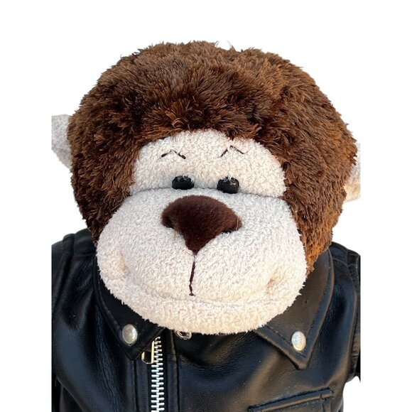 BAB Brown Monkey Plush Toy In Faux Leather Jacket & Denim Outfit With Sneakers - Picture 7 of 16